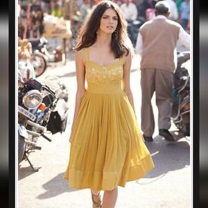 Anthropologie x Anita Dongre Mustard Embroidered Midi Dress